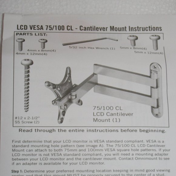 OMNI LCD CANTILEVER MOUNT 75/100 CL (New in box) - Picture 6 of 9